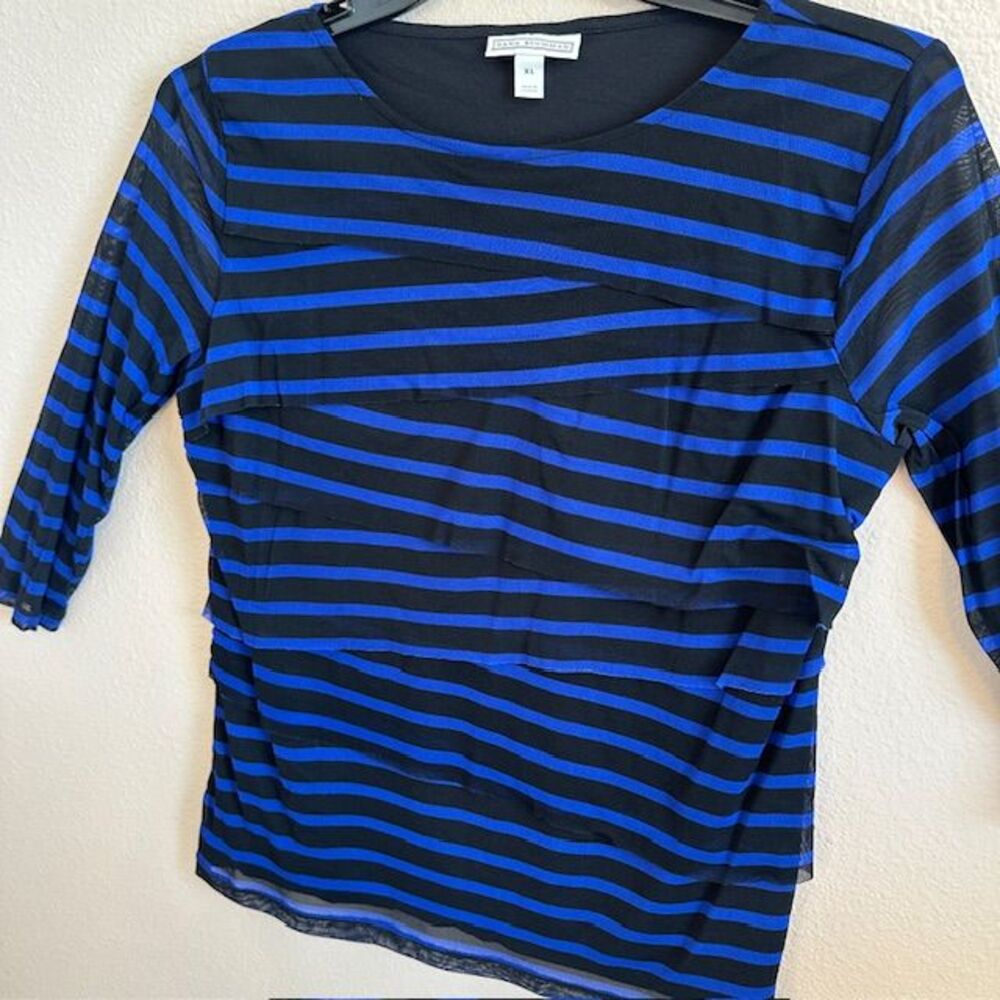 Dana Buchman Black & Blue Striped 3/4 Sleeve Blouse Size XL Career Office